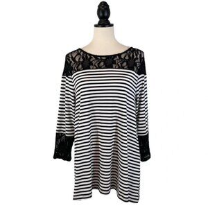 Chico’s Black White Stripe Top Lace Trim, Size 1 (US M)